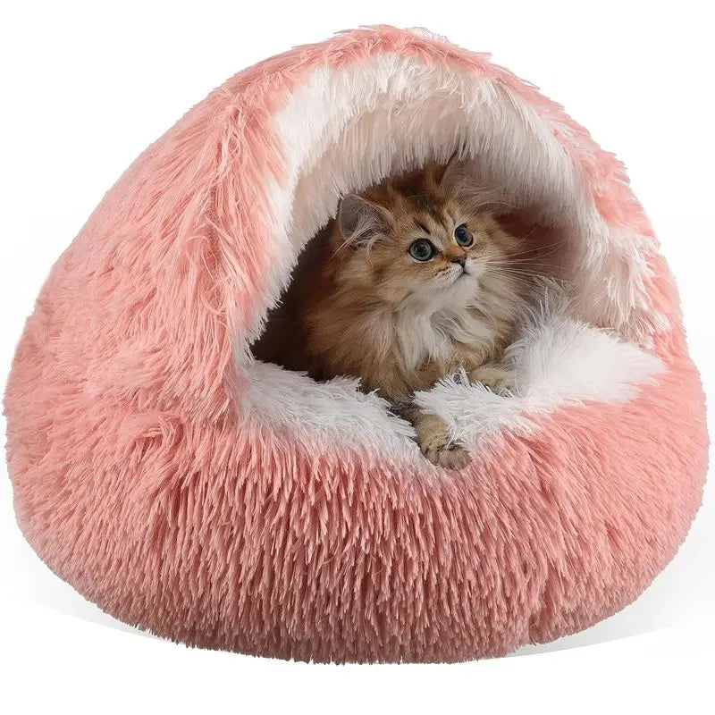 Pink Winter Long Plush Round Donut Cat Bed M Size Dia 40CM - Soft Fluffy Semi-Enclosed Pet Cave Bed with Non-Slip Base, Machine Washable for Cats Dogs Home and Travel Use Wholesale Hub