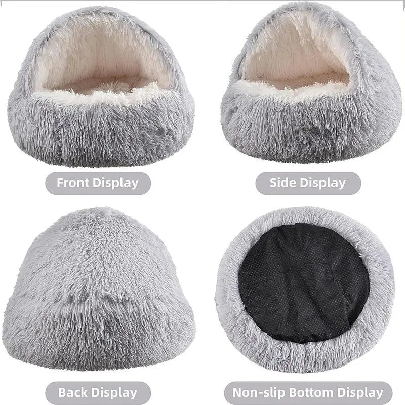 Pink Winter Long Plush Round Donut Cat Bed L Size Dia 50CM - Soft Fluffy Semi-Enclosed Pet Cave Bed with Non-Slip Base, Machine Washable for Cats Dogs Home and Travel Use Wholesale Hub