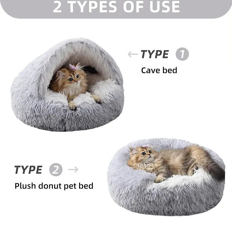Pink Winter Long Plush Round Donut Cat Bed XL Size Dia 60CM - Soft Fluffy Semi-Enclosed Pet Cave Bed with Non-Slip Base, Machine Washable for Cats Dogs Home and Travel Use Wholesale Hub