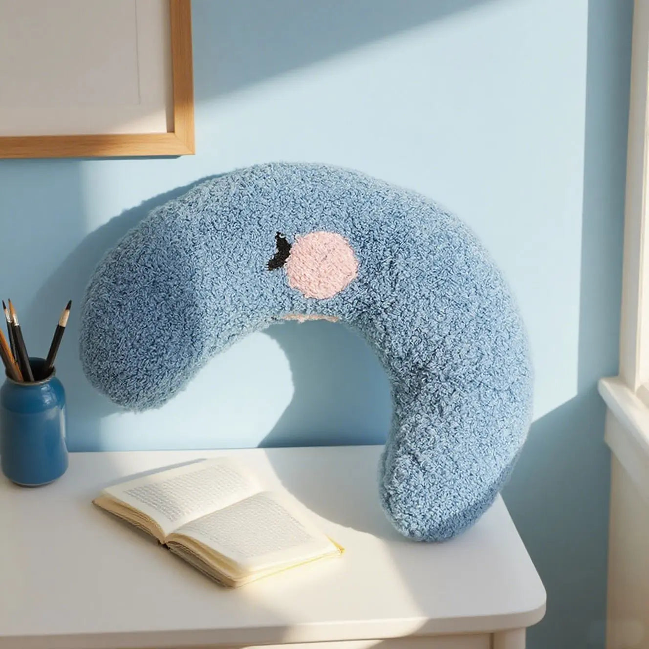 Blue Pet U-Shaped Pillow - Soft Teddy Velvet Neck Support Cushion for Dogs and Cats, Deep Sleep Aid with Embroidered Design, Lightweight and Comfortable Pet Bed Accessory Wholesale Hub
