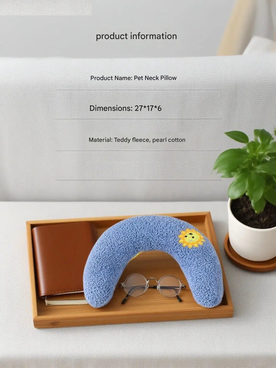 Blue Pet U-Shaped Pillow - Soft Teddy Velvet Neck Support Cushion for Dogs and Cats, Deep Sleep Aid with Embroidered Design, Lightweight and Comfortable Pet Bed Accessory Wholesale Hub