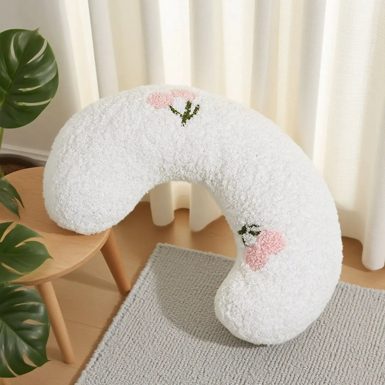 White Pet U-Shaped Pillow - Soft Teddy Velvet Neck Support Cushion for Dogs and Cats, Deep Sleep Aid with Embroidered Design, Lightweight and Comfortable Pet Bed Accessory Wholesale Hub
