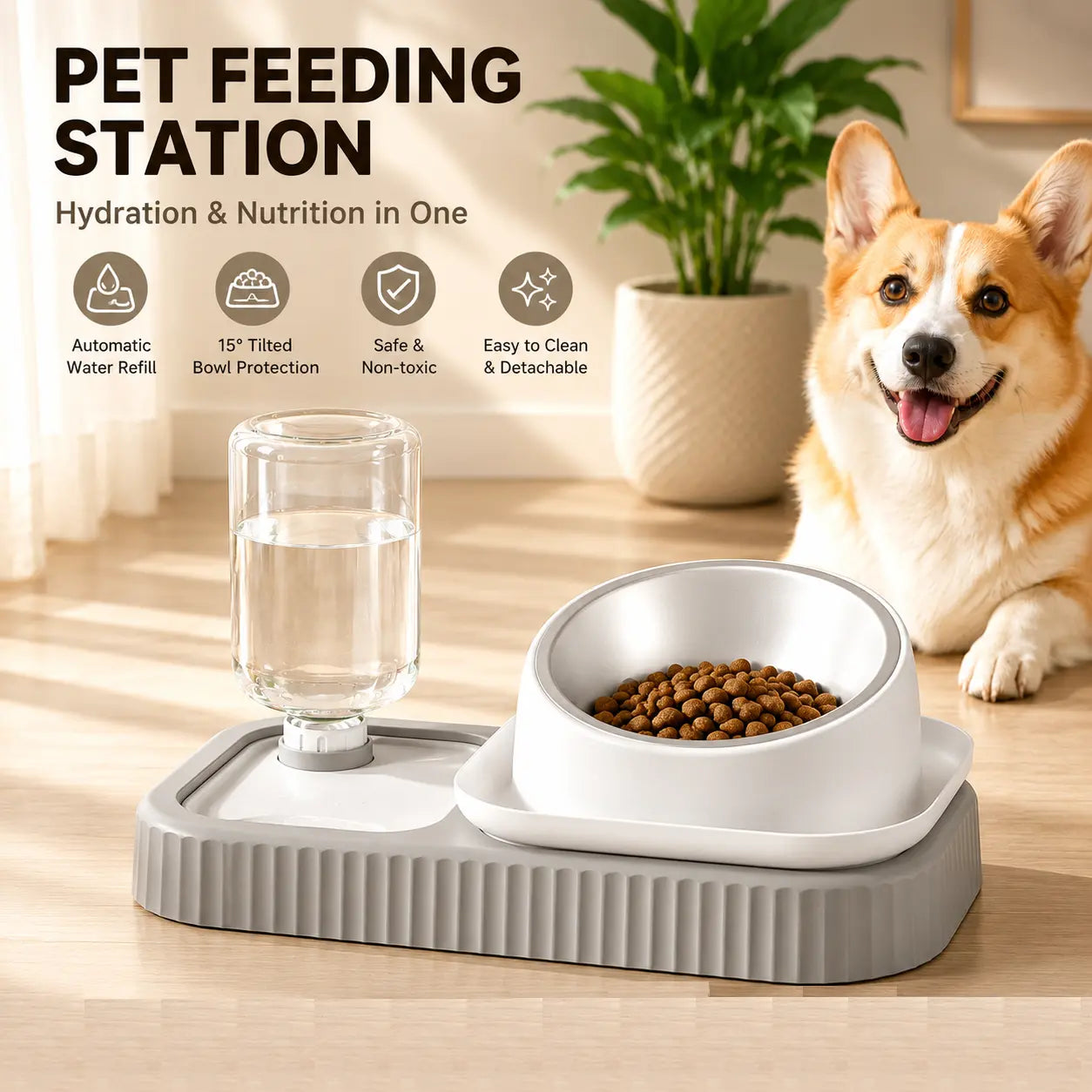 Grey and  White Cat & Dog Feeding Station with Water Dispenser – Elevated Stainless Steel Pet Bowl Set with Slow Feeder, Anti-Spill Design and Automatic Water Supply Wholesale Hub