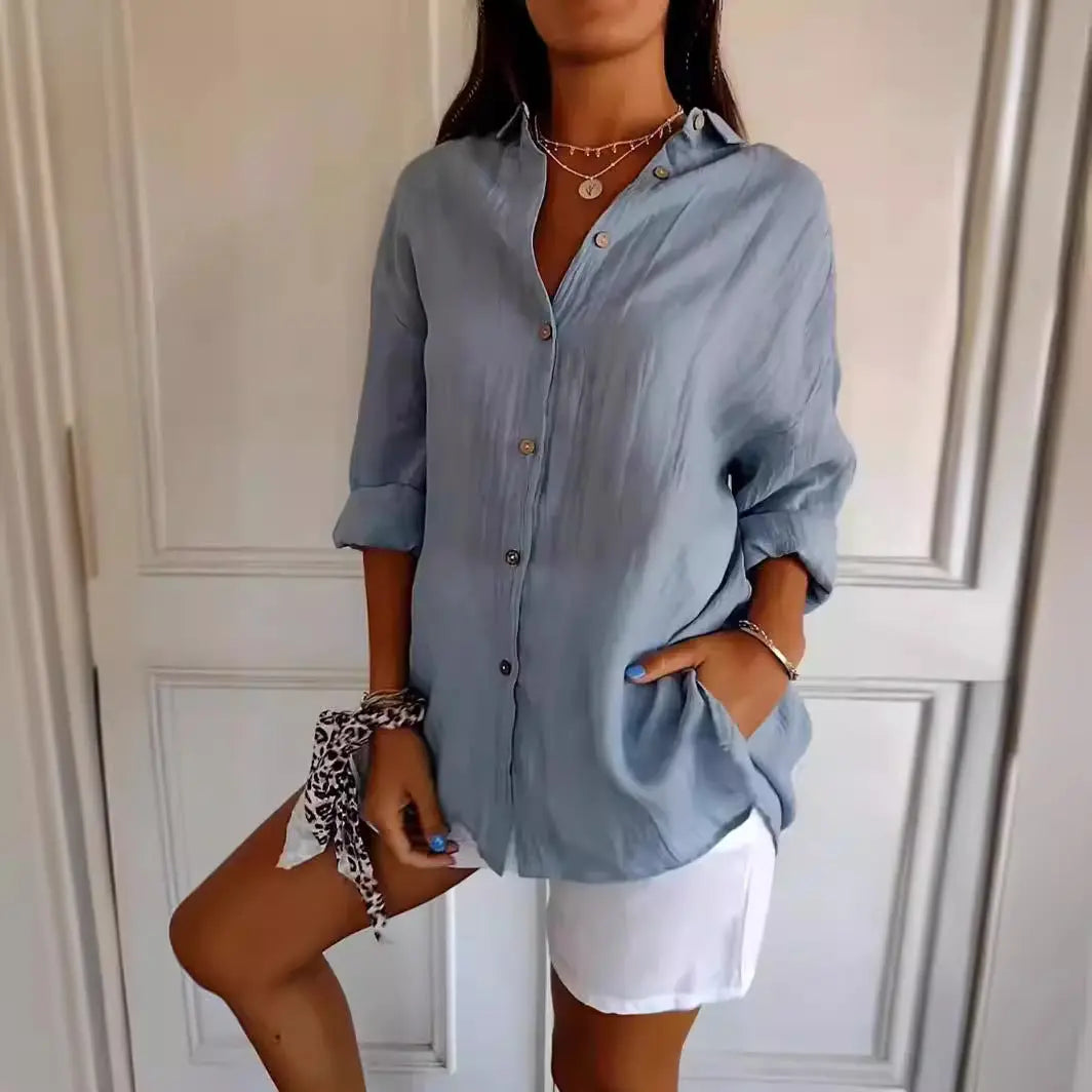 Lapel Long Sleeve Shirt Womens Single-breasted Pleated Shirt Tops Wholesale Hub