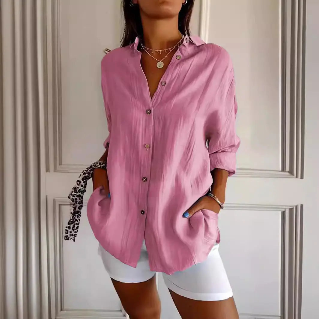 Lapel Long Sleeve Shirt Womens Single-breasted Pleated Shirt Tops Wholesale Hub