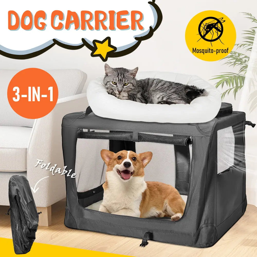 Foldable Dog Carrier Large Pet Travel Bag Portable and Breathable Car Travel Transport Kennel 72x52x52cm Load Up to 27kg with Steel Frame and Pocket Black Wholesale Hub
