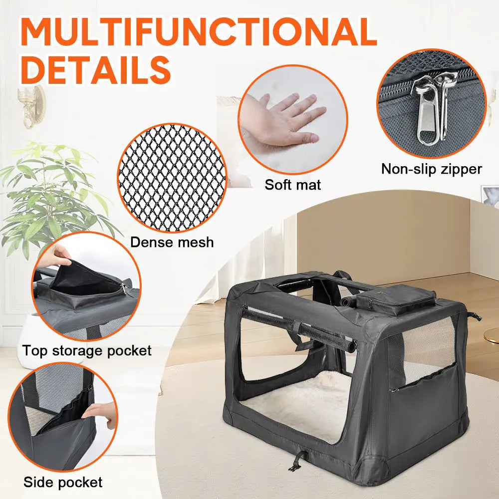 Foldable Dog Carrier Large Pet Travel Bag Portable and Breathable Car Travel Transport Kennel 72x52x52cm Load Up to 27kg with Steel Frame and Pocket Black Wholesale Hub