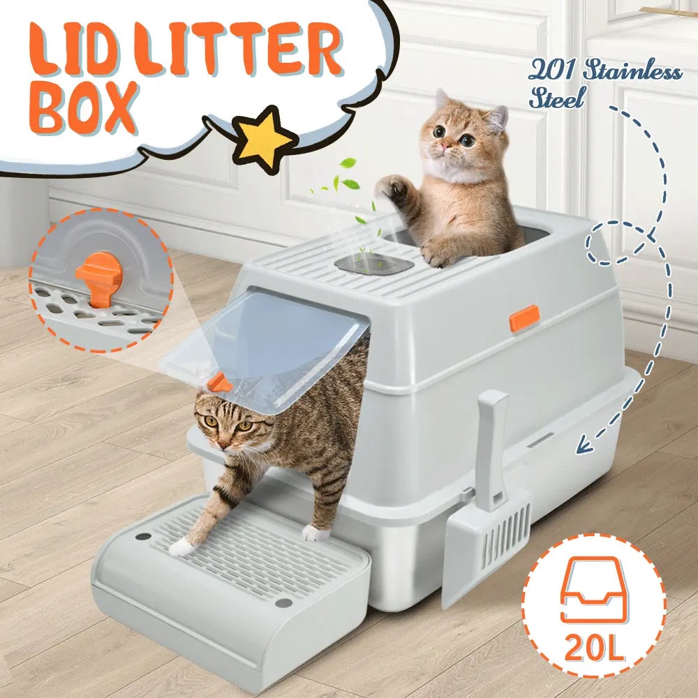 20L Large Anti-Leak Enclosed Cat Litter Box Stainless Steel Detachable Kitty Litter Tray with ABS Lid High Sides Scoop and Ramp Easy Cleaning Light Grey Wholesale Hub