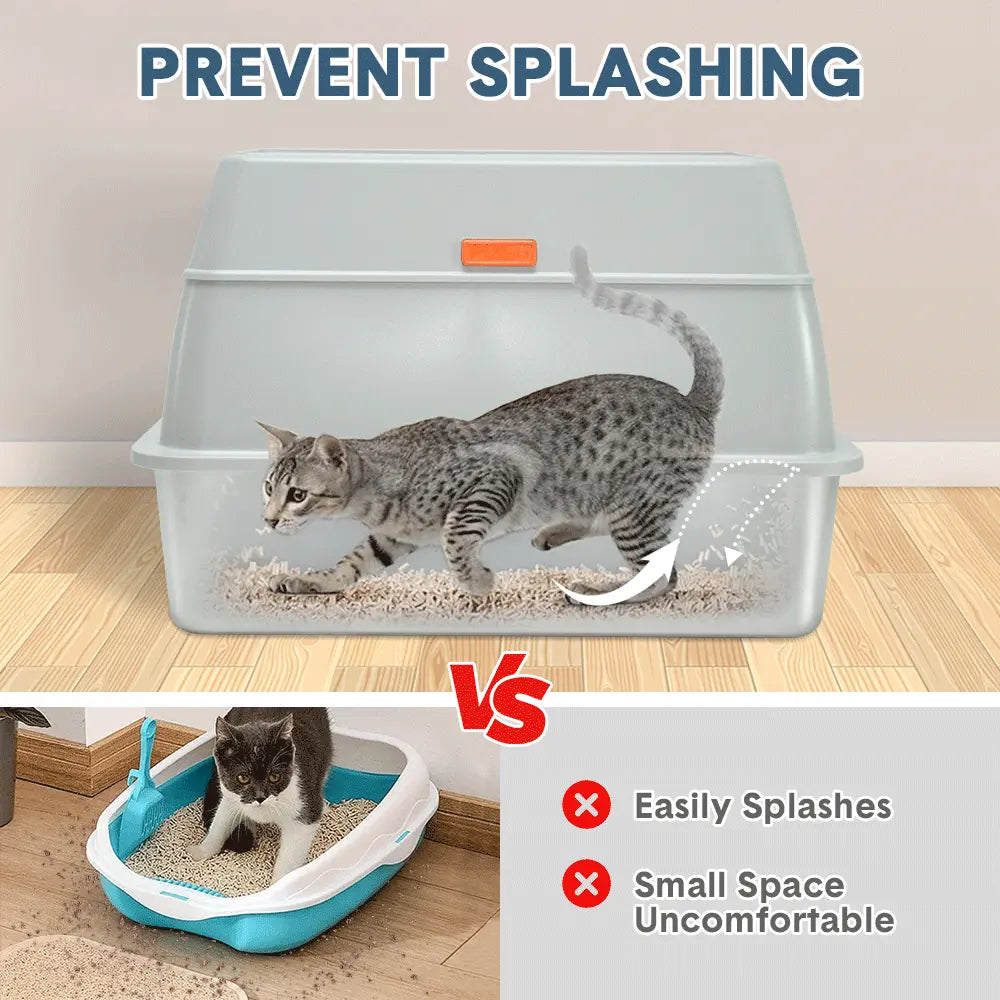 20L Large Anti-Leak Enclosed Cat Litter Box Stainless Steel Detachable Kitty Litter Tray with ABS Lid High Sides Scoop and Ramp Easy Cleaning Light Grey Wholesale Hub