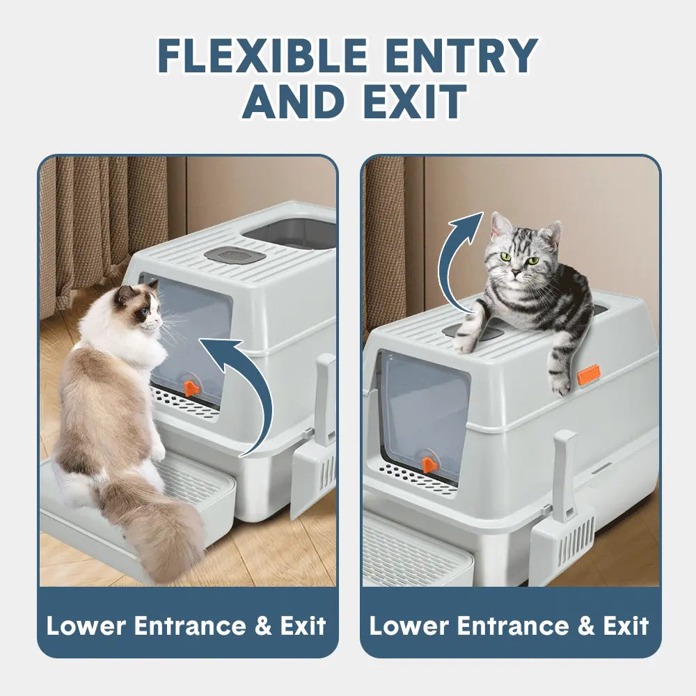 20L Large Anti-Leak Enclosed Cat Litter Box Stainless Steel Detachable Kitty Litter Tray with ABS Lid High Sides Scoop and Ramp Easy Cleaning Light Grey Wholesale Hub