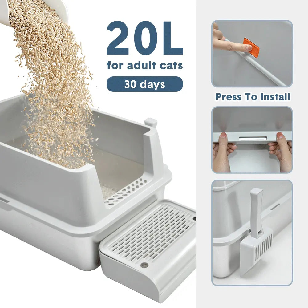 20L Large Anti-Leak Enclosed Cat Litter Box Stainless Steel Detachable Kitty Litter Tray with ABS Lid High Sides Scoop and Ramp Easy Cleaning Light Grey Wholesale Hub
