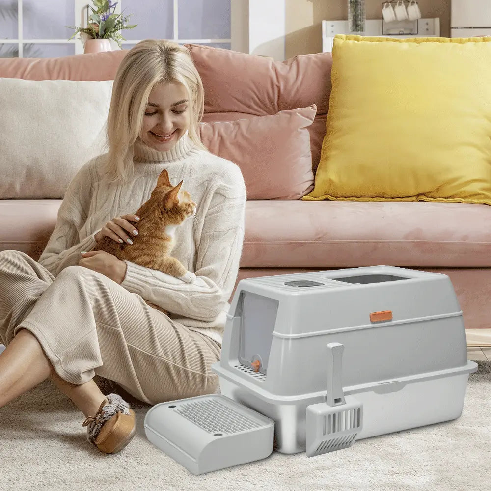 20L Large Anti-Leak Enclosed Cat Litter Box Stainless Steel Detachable Kitty Litter Tray with ABS Lid High Sides Scoop and Ramp Easy Cleaning Light Grey Wholesale Hub
