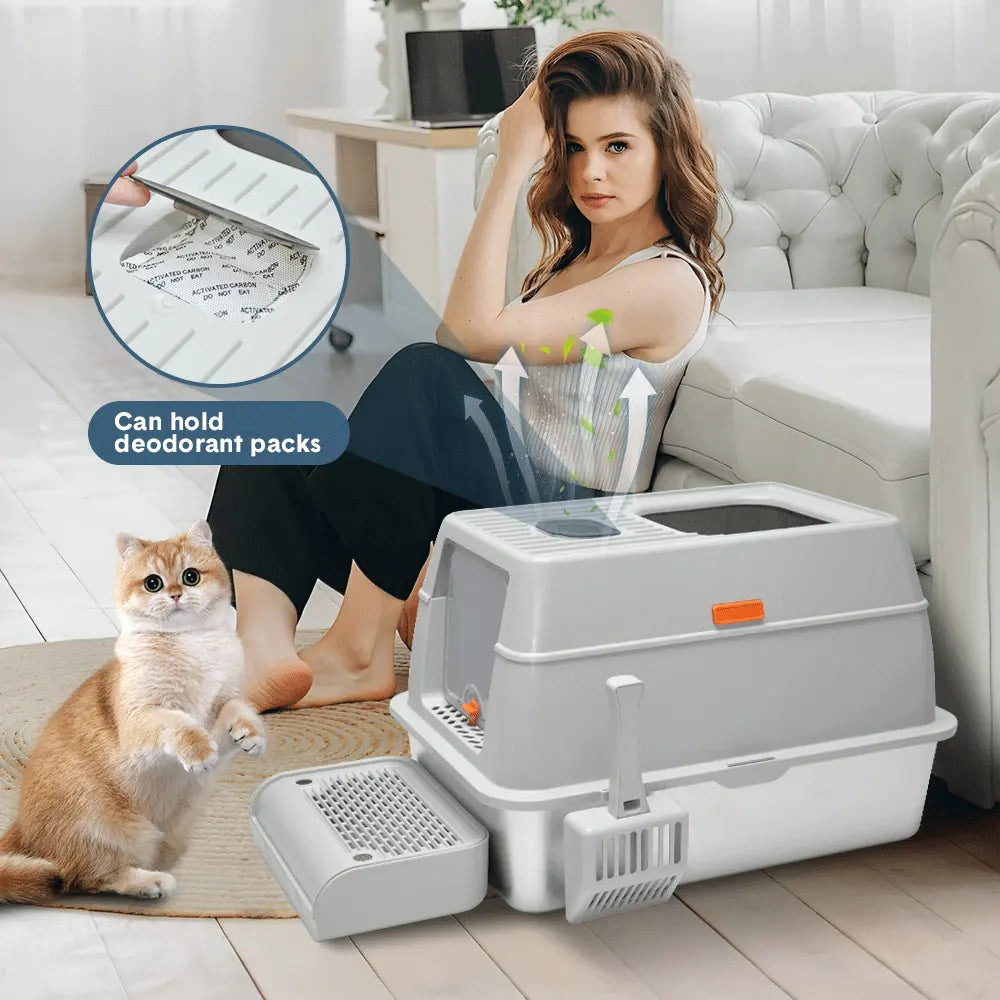 20L Large Anti-Leak Enclosed Cat Litter Box Stainless Steel Detachable Kitty Litter Tray with ABS Lid High Sides Scoop and Ramp Easy Cleaning Light Grey Wholesale Hub